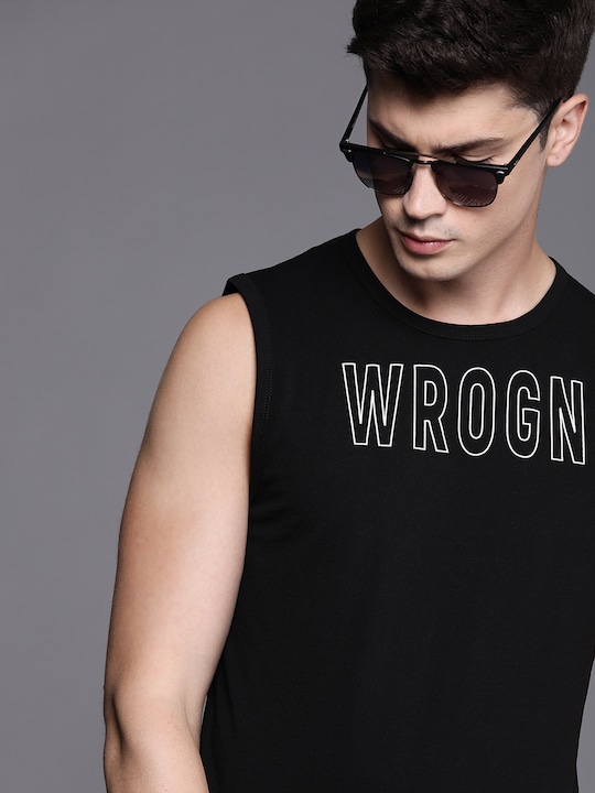 WROGN Men Black Printed Round Neck T-shirt