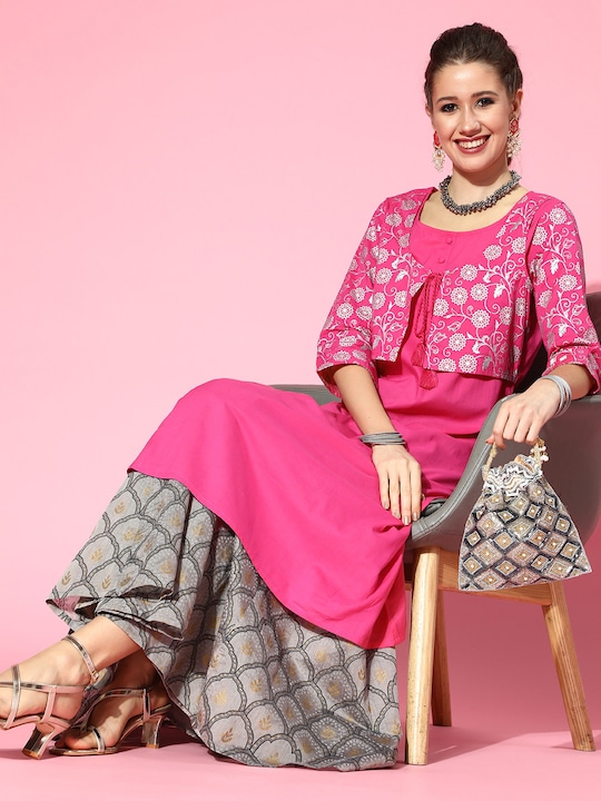 HERE&NOW Women Cotton Ethnic Motifs Printed Layered Kurta