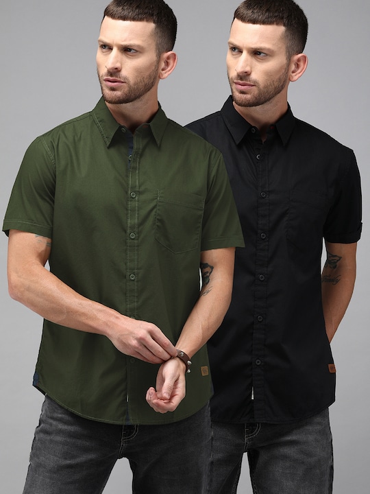  Roadster Men Pack of 2 Regular Fit Solid Sustainable Casual Shirt