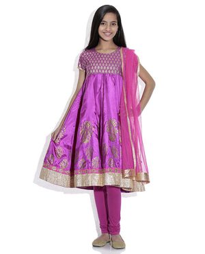 Biba Girls Cotton Blend Purple Short Sleeve Salwar Kameez For Kids