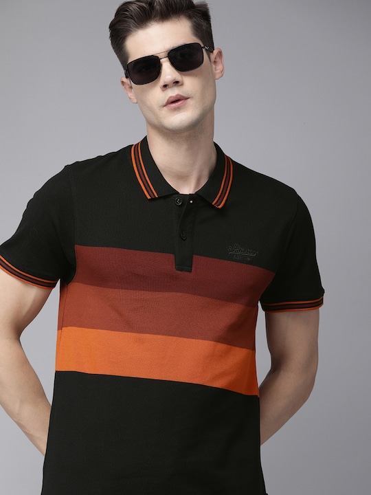 Roadster Men Striped Polo Collar Pure Cotton T-shirt