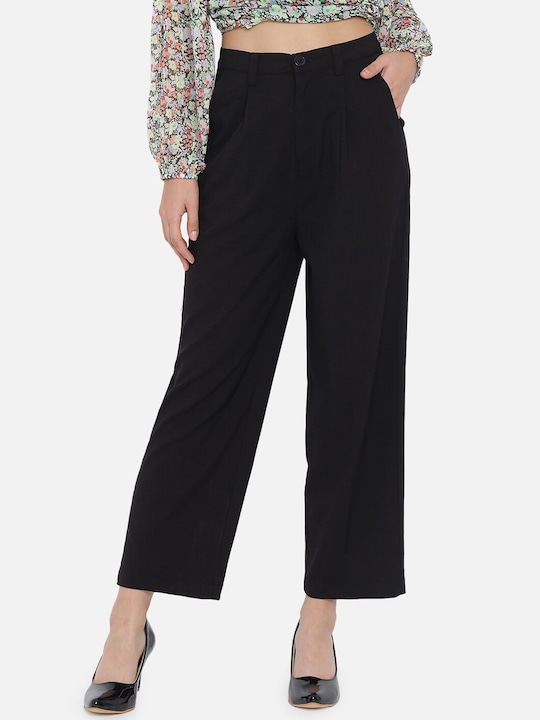 Trend Arrest Women Black High-Rise Pleated Trousers