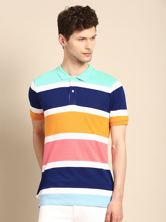 ether Men Striped Polo Collar Pure Cotton T-shirt