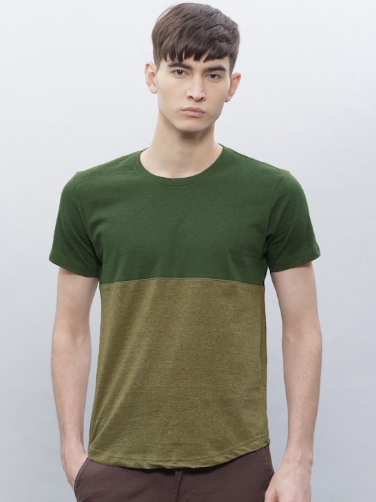 ether Men Olive Color blocked Round Neck T-Shirt