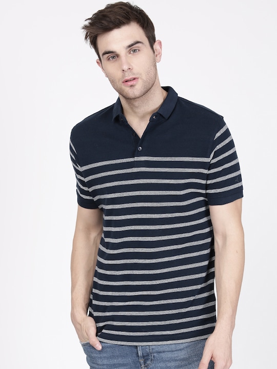  Ether Men Striped Polo Collar Pure Cotton T-shirt