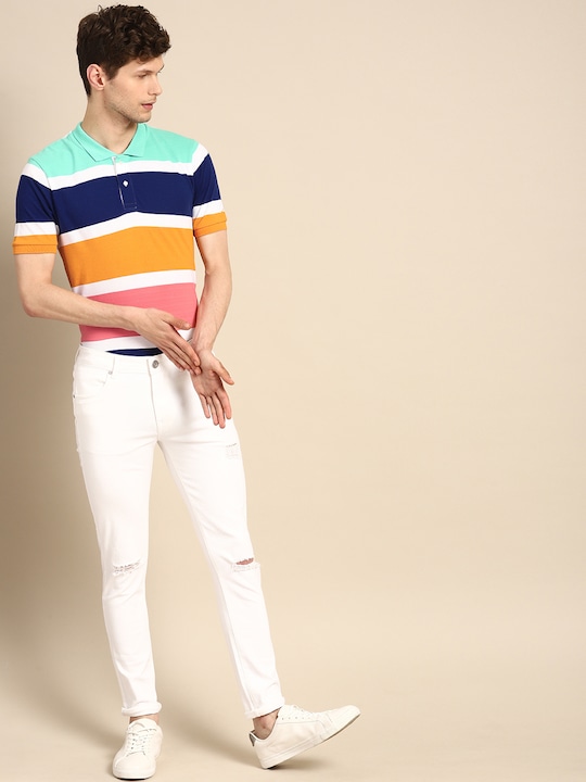  Ether Men Striped Polo Collar Pure Cotton T-shirt