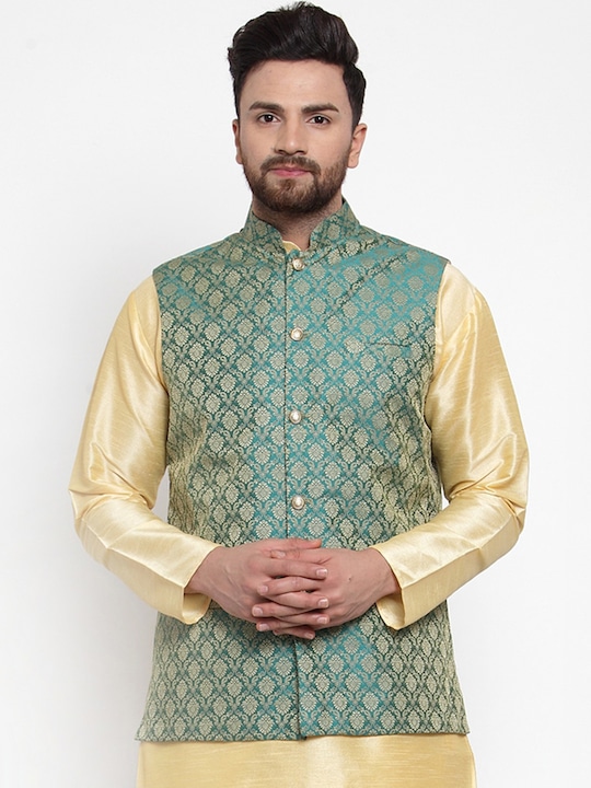 Jompers Men Gold-Toned Woven Design Nehru Jacket