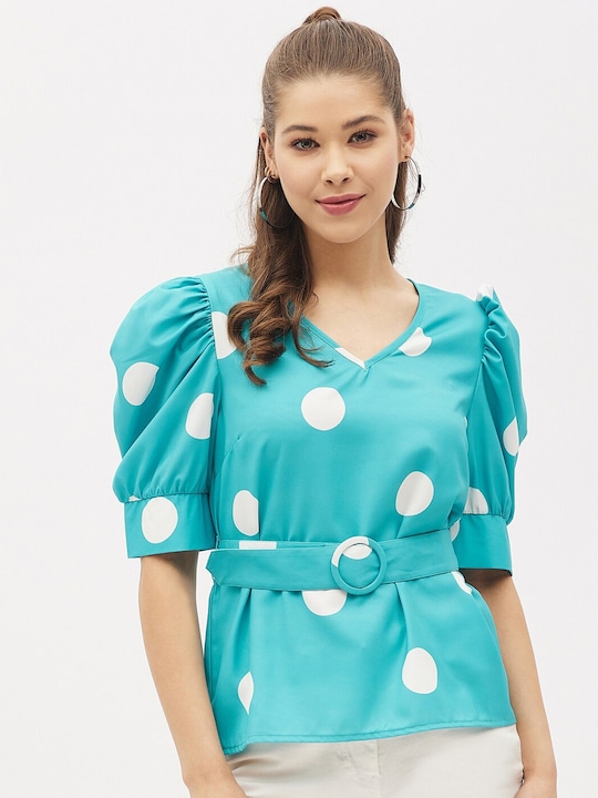 Harpa Blue Polka Dot Print Cinched Waist Top