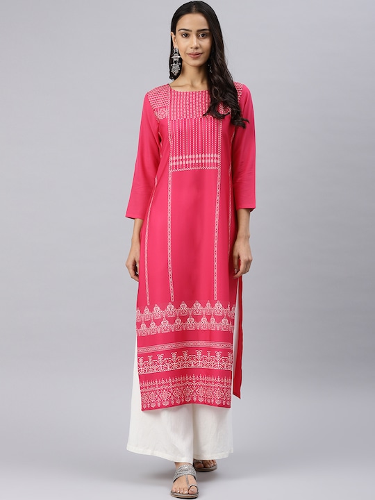 AHIKA Women Pink & White Printed Straight Kurta