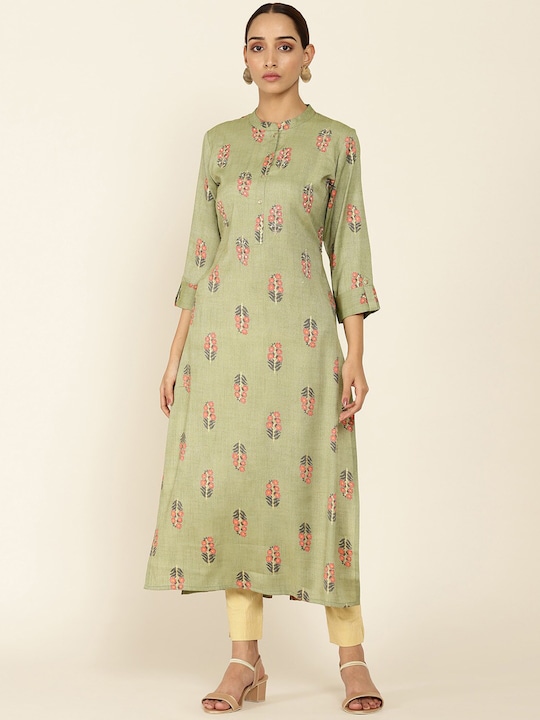 Soch Women Olive Green Block Print Kurta