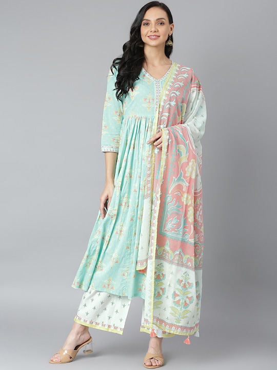 QOMN Women Floral Printed Pure Cotton Kurta with Palazzos & With Dupatta