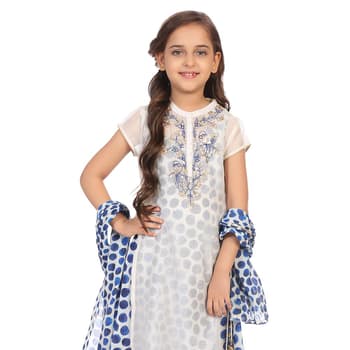 BIBA Girls Off White Poly Cotton Straight Kurta without Dupatta