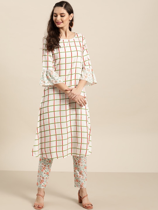 Sangria Women Checked Bell Sleeves A-line Kurta