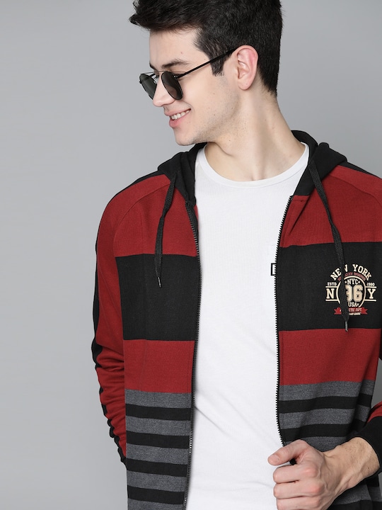  HERE&NOW Men Striped Hooded Sweatshirt