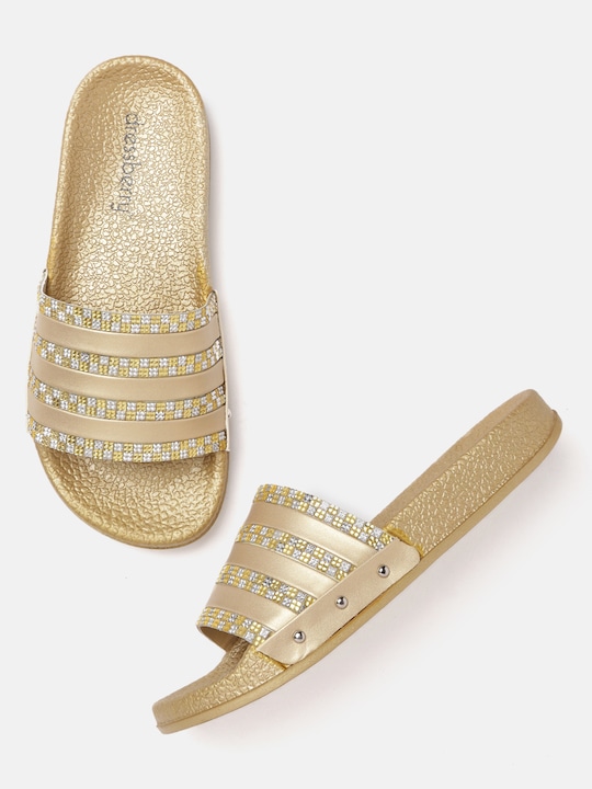 DressBerry Women Gold-Toned Embellished Sliders