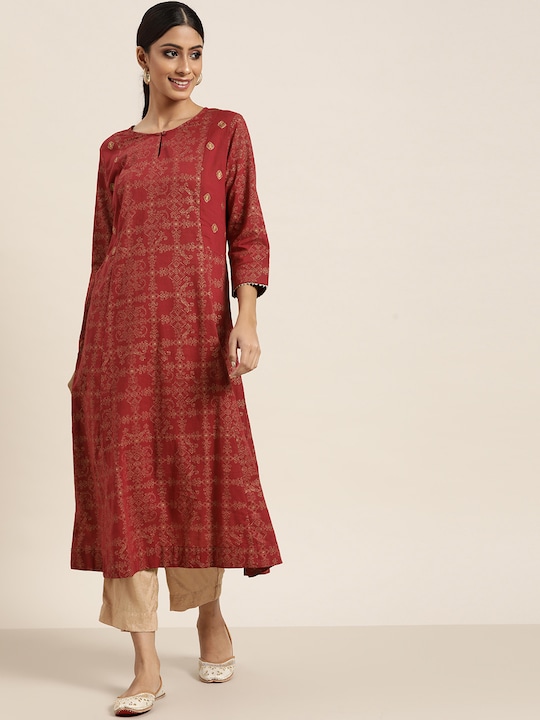 Sangria Women Ethnic Motifs Print Keyhole Neck Gotta Patti Kurta