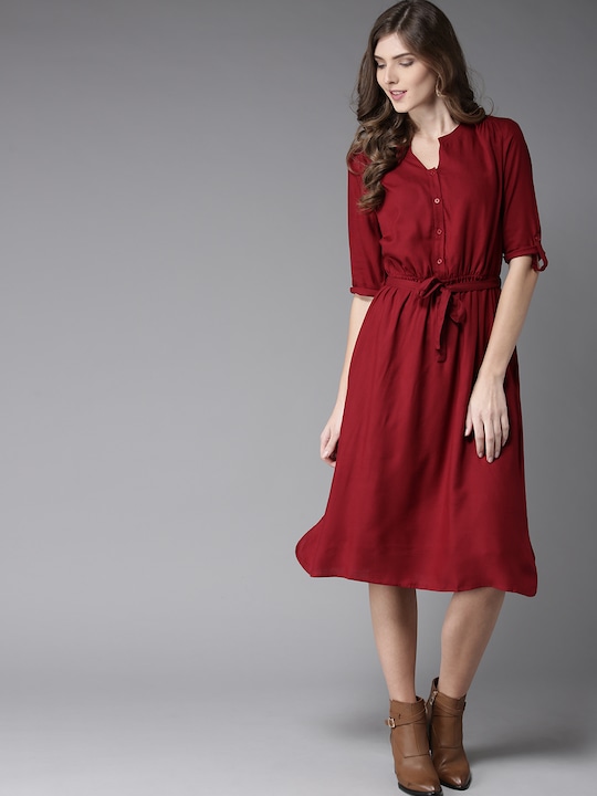 HERE&NOW Maroon Midi A-Line Dress