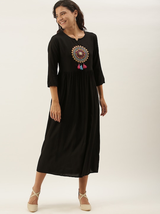 Sangria Women Embroidered A-Line Dress with Gathers