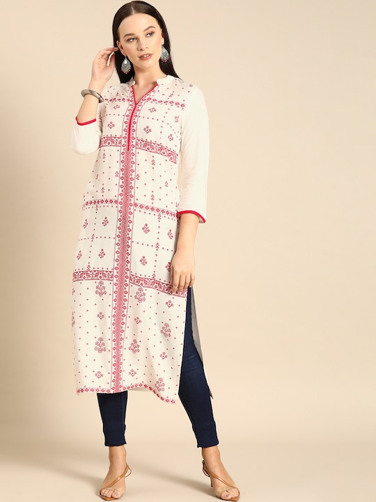 Anouk Women White & Pink Floral Printed Kurta