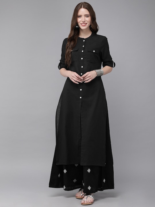 Anouk Women Black Solid Straight Kurta