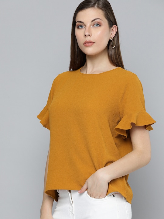 Chemistry Women Solid Top with Ruffled Sleeves