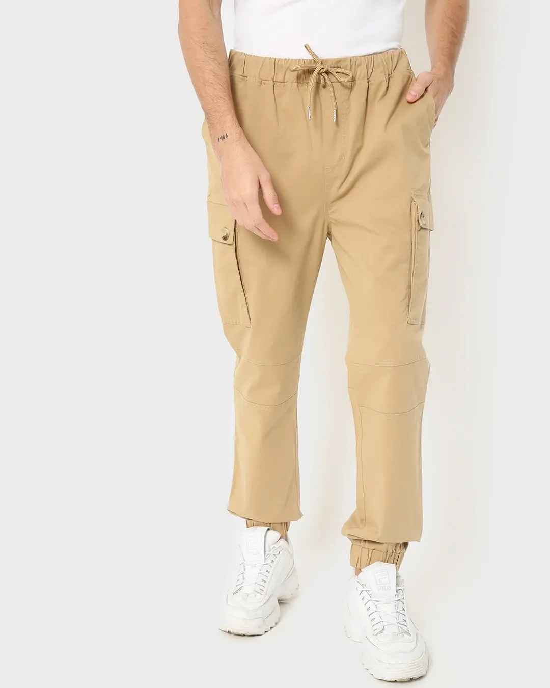 Bewakoof  Khaki Elastic Waistband Cargo Pants