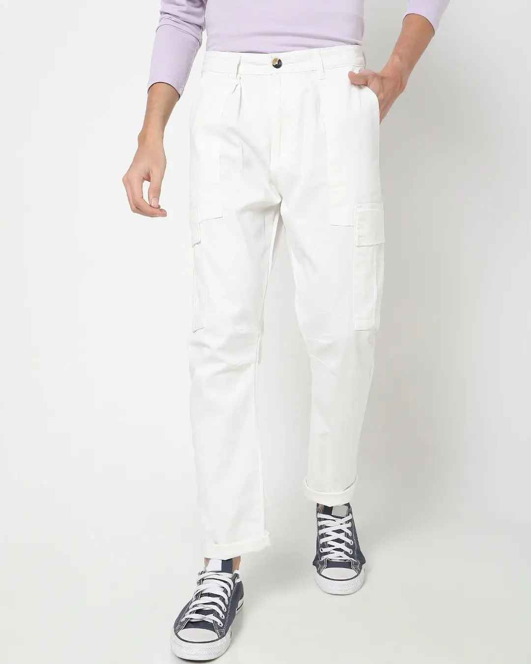 Bewakoof Off White Cargo Chino Joggers With Pleats