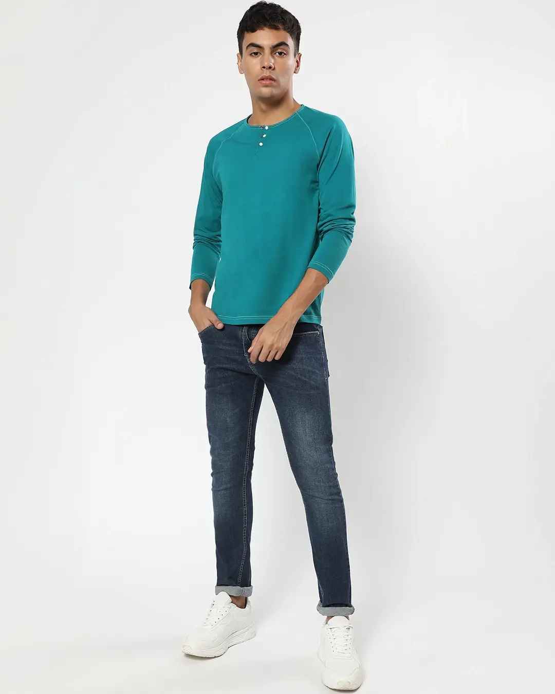 Bewakoof Men's Teal Blue Henley T-shirt