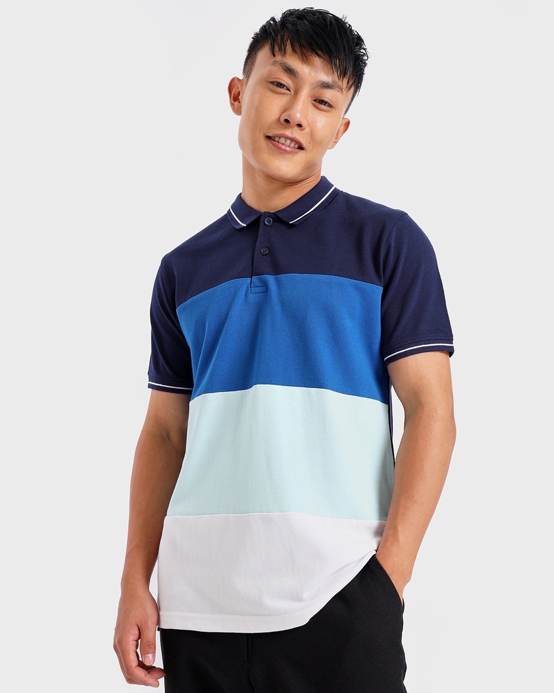 Bewakoof Men Blue Color Block Polo T-shirt