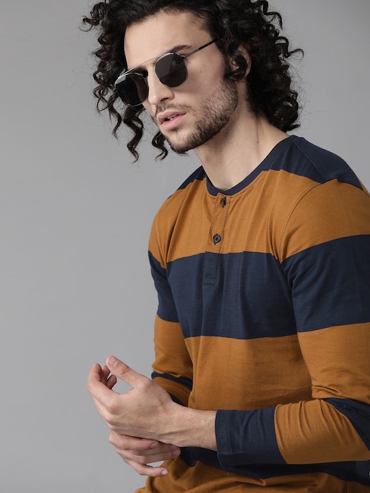 Roadster Men Striped Pure Cotton Henley Neck Pure Cotton T-shirt