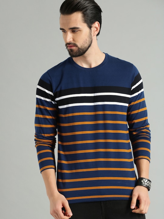 Roadster Men Striped Round Neck Pure Cotton T-shirt