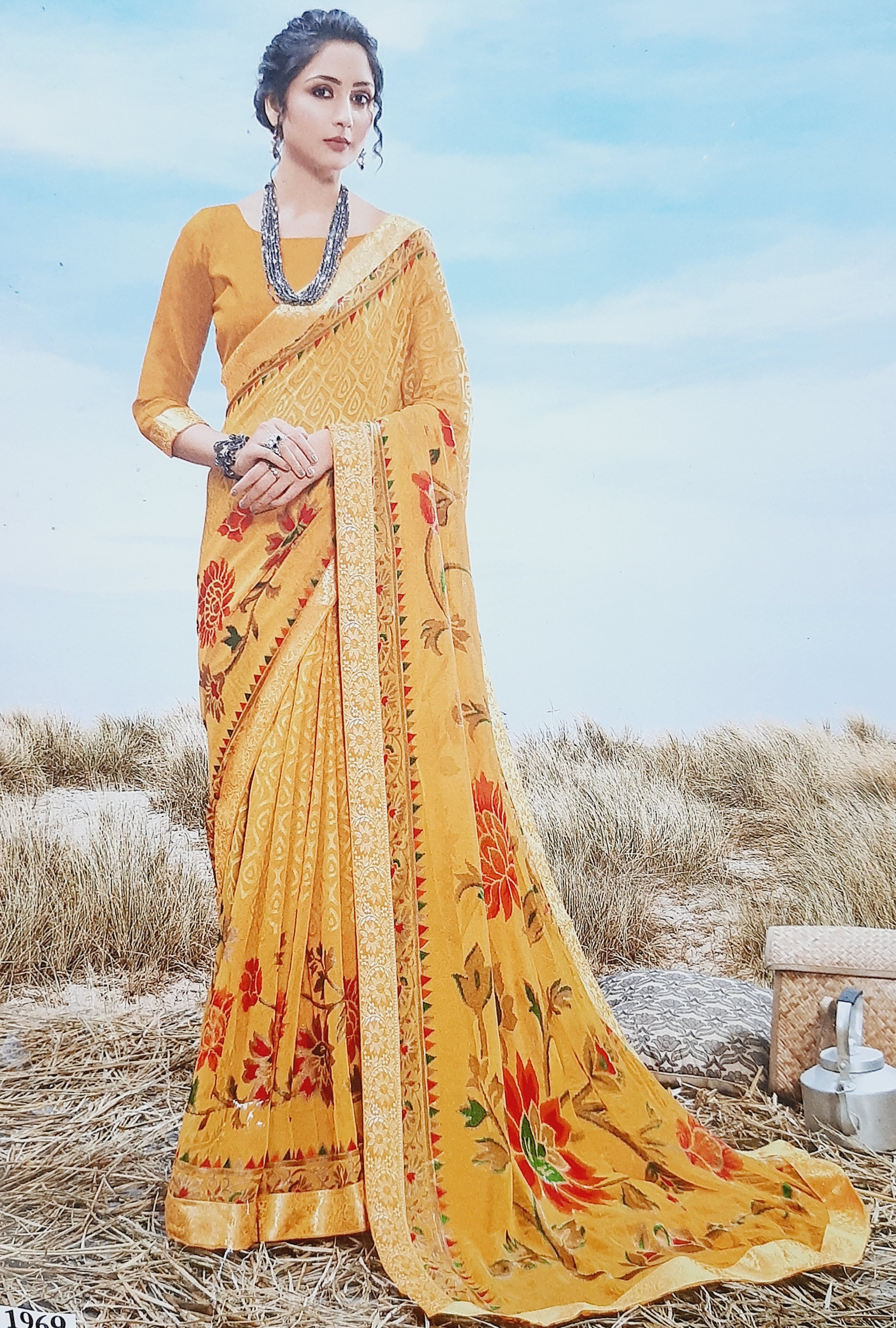 Kundan Flower Printed Silk Saree