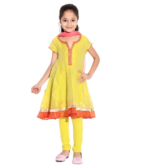 Biba Lime Green Cap Sleeves Salwar Suit For Kids