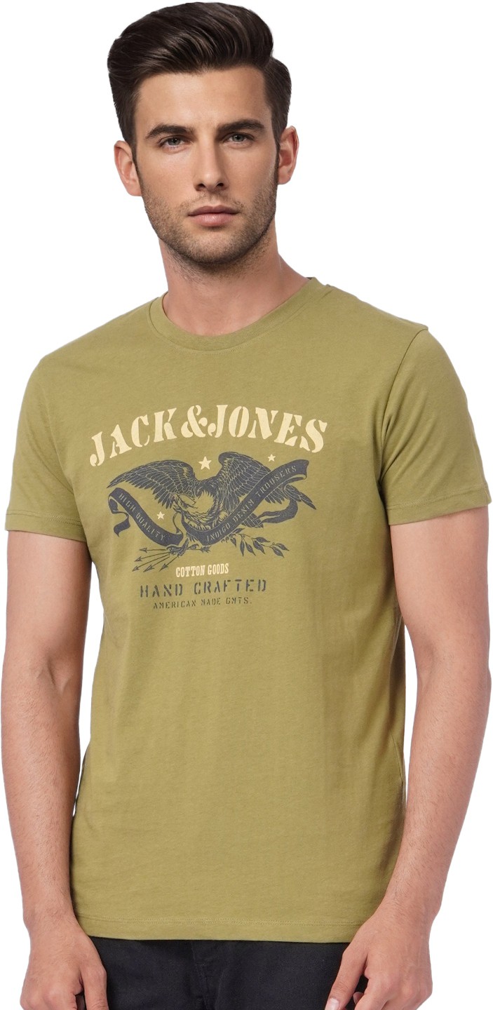 JACK & JONES Men Printed Round Neck Cotton Blend T-Shirt