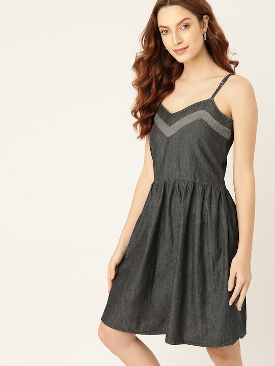 DressBerry Pure Cotton Solid Chambray A-Line Dress