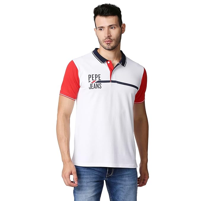 Pepe Jeans Men's Lane Ribbed Collar Colourblock Polo Neck T-Shirt