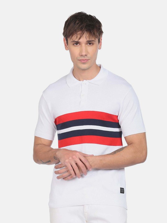 Flying Machine Men Striped Polo Collar Pure Cotton T-shirt