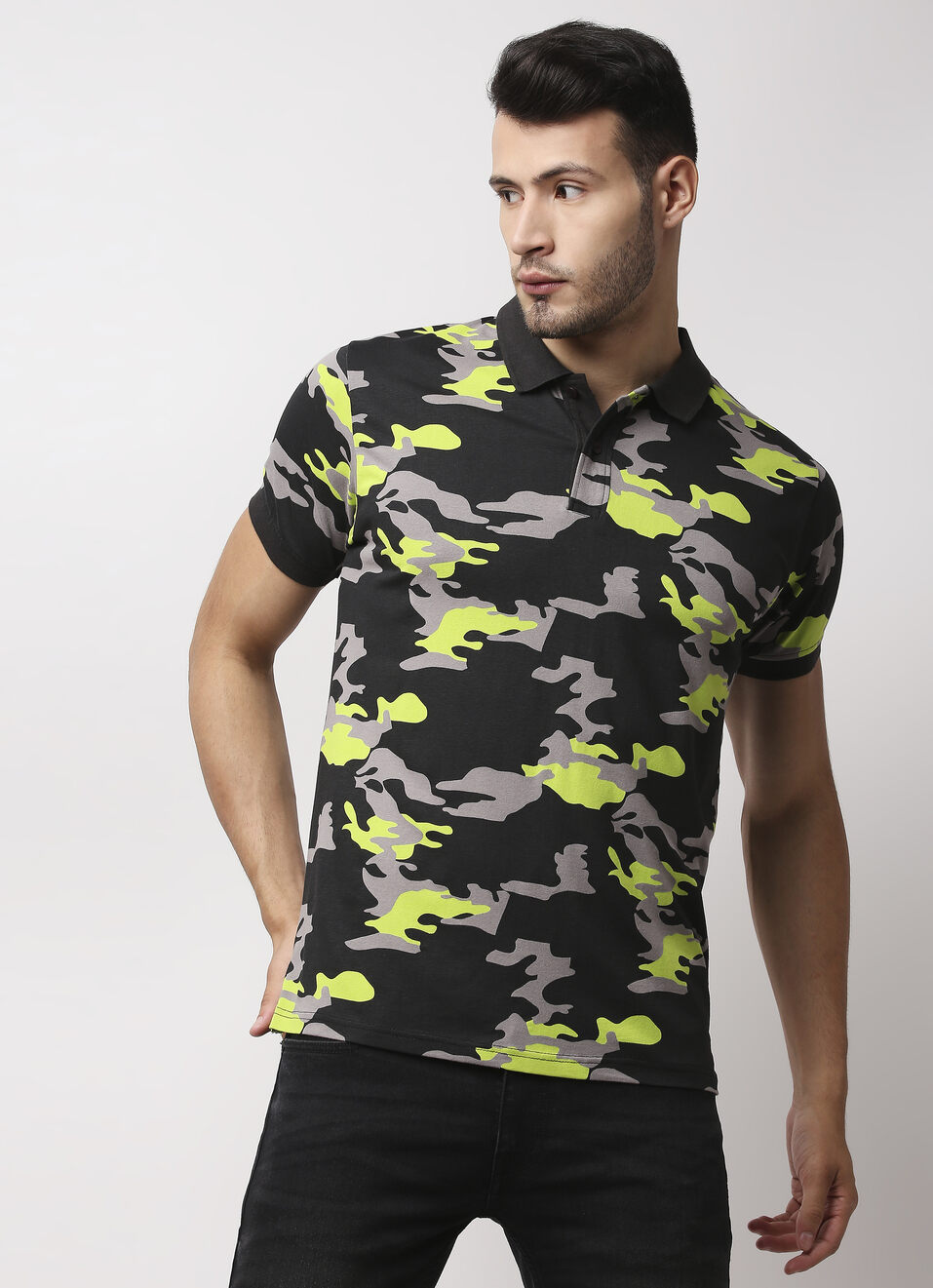 Pepe Jeans Men's Miami Camo Printed Strech Polo Neck T-Shirt