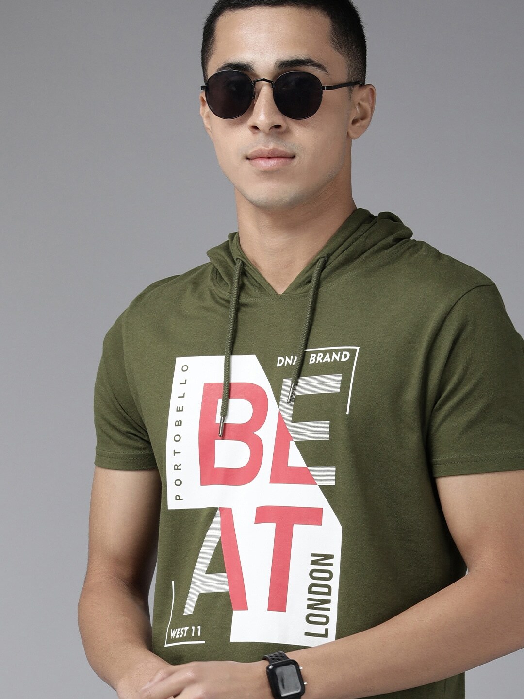 Beat London By Pepe Jeans Men Graphic Print Hooded Neck Pure Cotton Green T-shirt