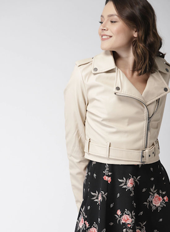 Mast & Harbour Women Cream-Coloured Solid Biker Jacket