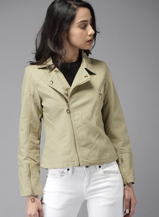 Moda Rapido Women Beige Solid Biker Jacket