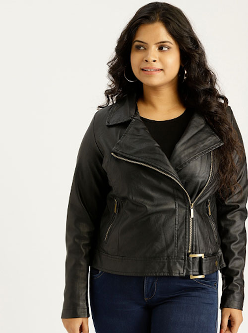 Sztori Plus Size Women Solid Asymmetric Closure Biker Jacket