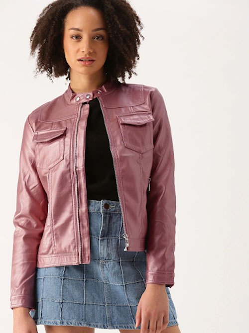 DressBerry Women Pink Solid Biker Jacket