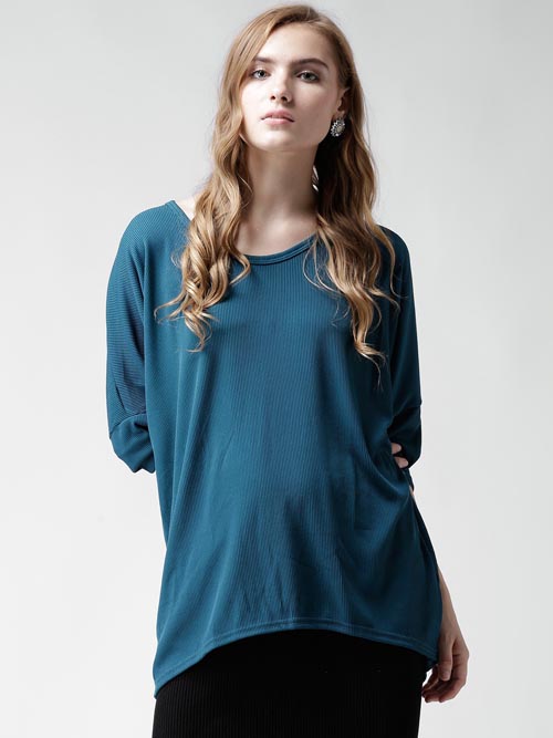 Boohoo Teal Blue Self-Striped Top