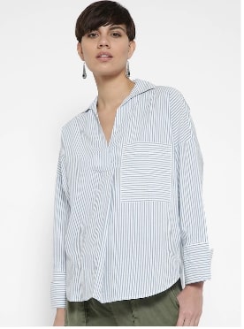 MANGO Blue Striped Shirt Style Top